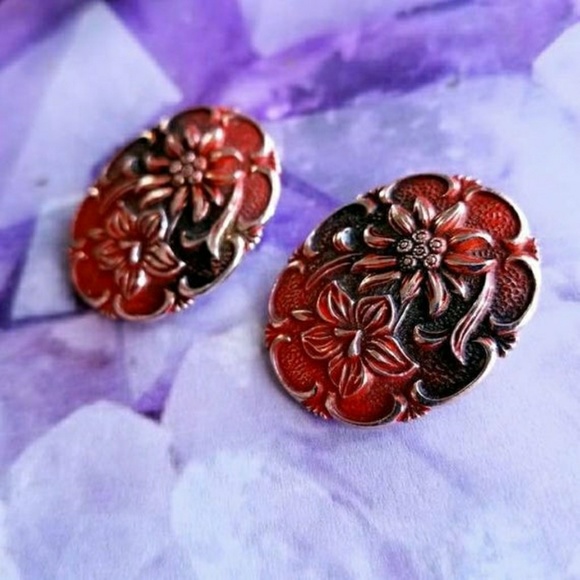 Vintage West Germany clip earrings red flowers clipon western - Picture 4 of 6